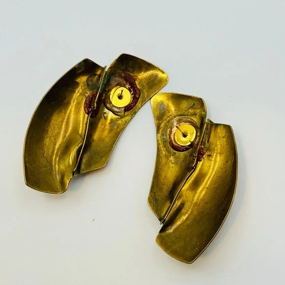 VTG Brutalist Brass Earrings Textured runway statement Pierced Modernist Artisan - Picture 4 of 5